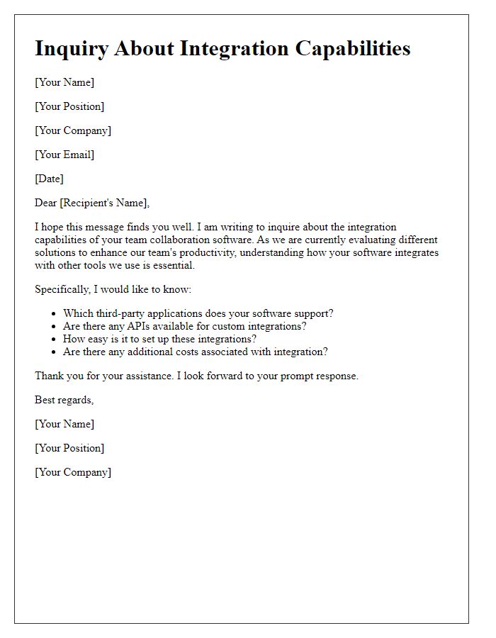 Letter template of inquiry about integration capabilities of team collaboration software