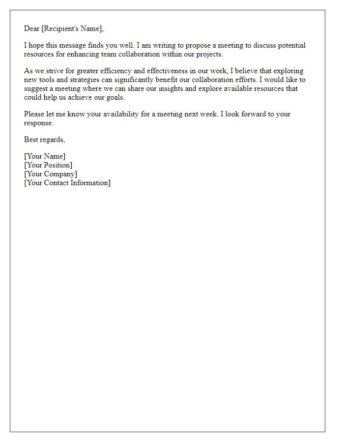 Letter template of proposal for a meeting to discuss team collaboration resources