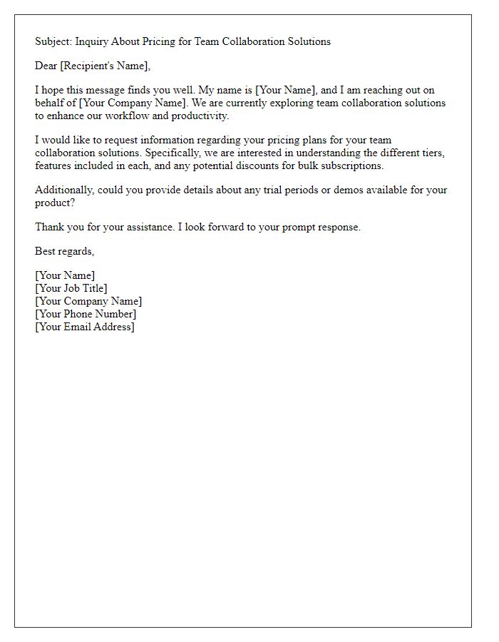 Letter template of query about pricing for team collaboration solutions