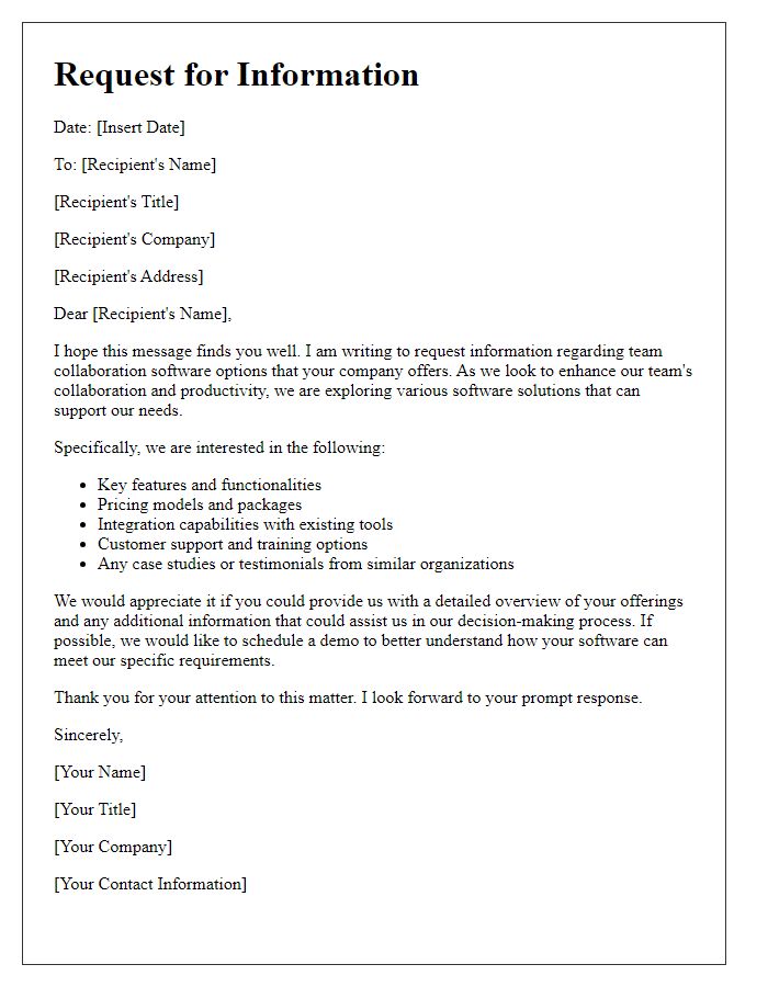 Letter template of request for information on team collaboration software options