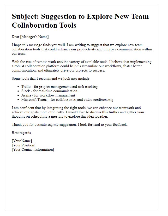 Letter template of suggestion to explore new team collaboration tools