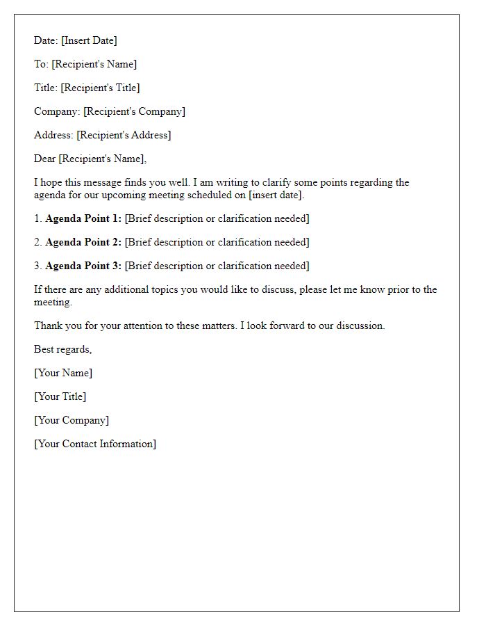 Letter template of clarification on meeting agenda points