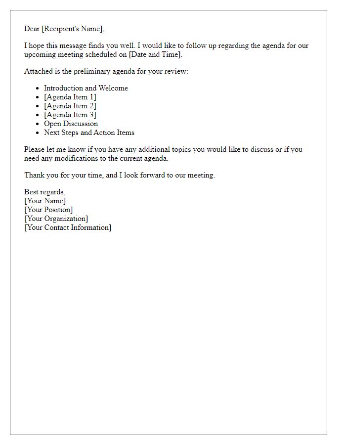 Letter template of follow-up on agenda for upcoming meeting