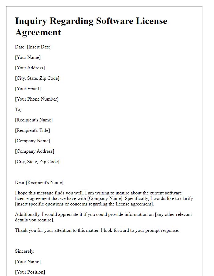 Letter template of software license agreement inquiry