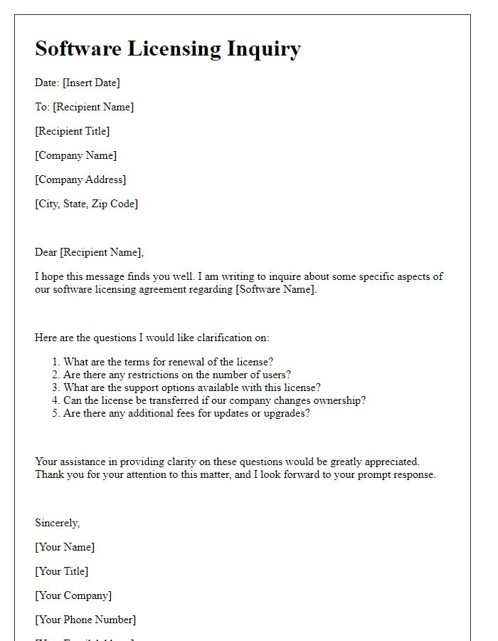 Letter template of software licensing questions