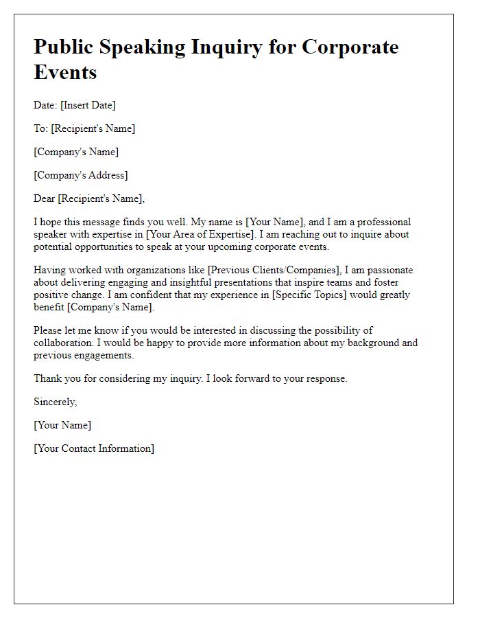 Letter template of public speaking inquiry for corporate events.