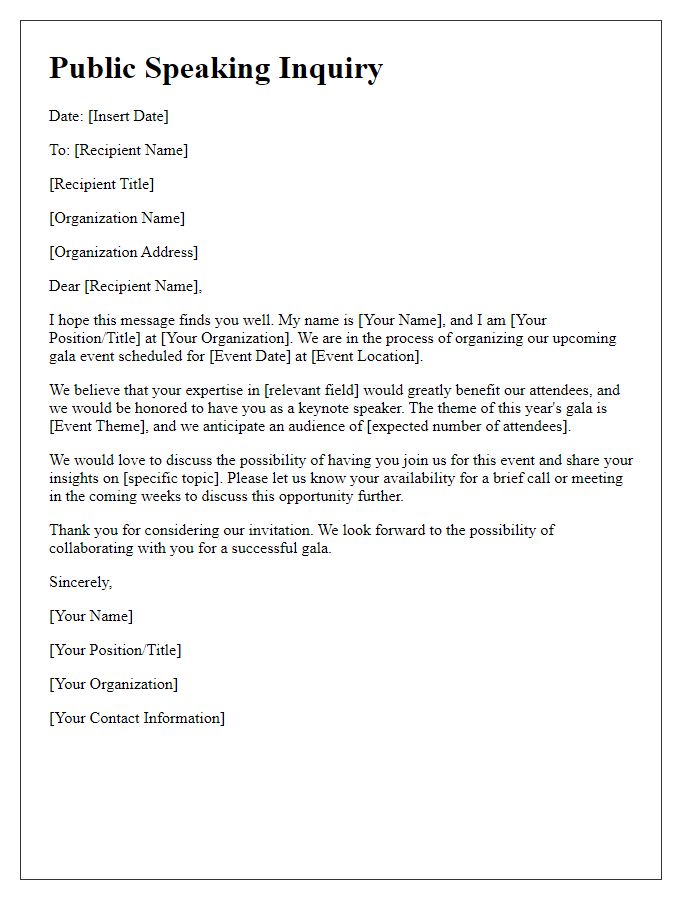 Letter template of public speaking inquiry for gala events.