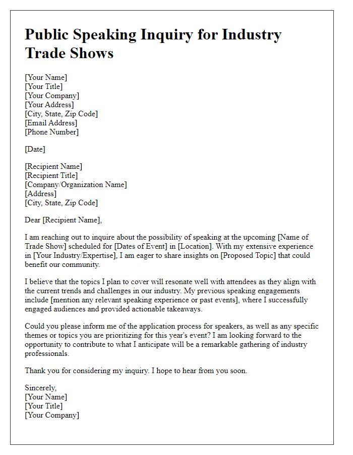 Letter template of public speaking inquiry for industry trade shows.