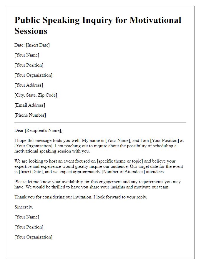 Letter template of public speaking inquiry for motivational sessions.
