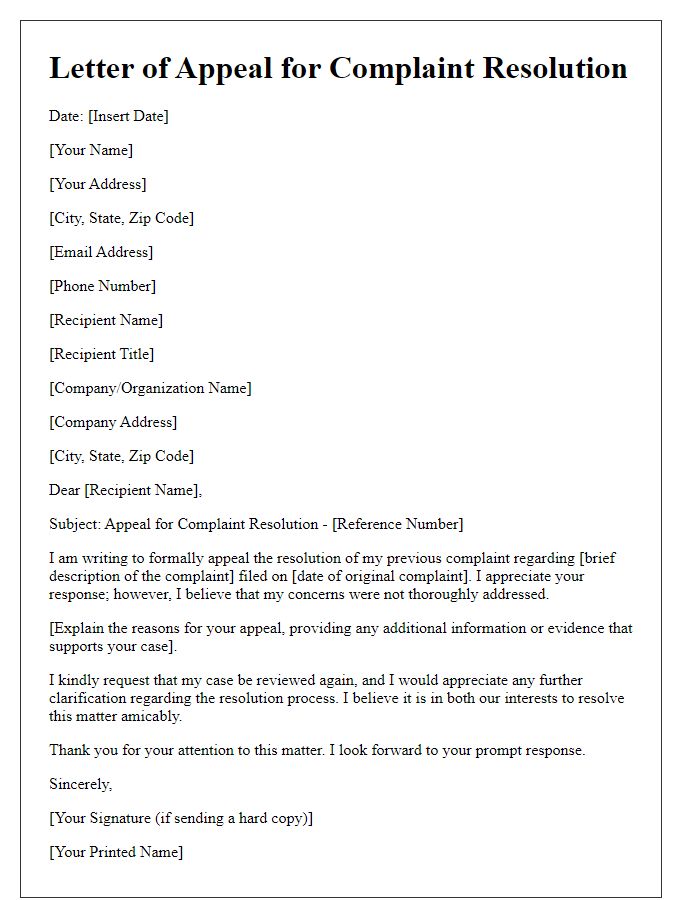 Letter template of appeal for complaint resolution process.