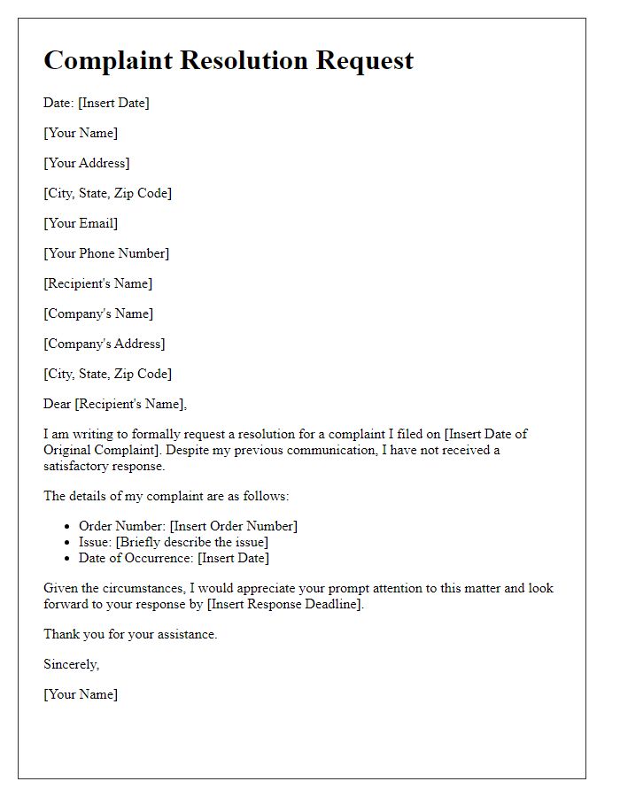 Letter template of complaint resolution request.