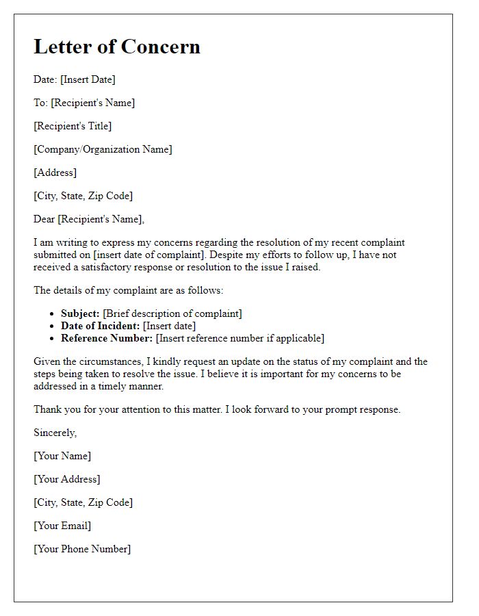 Letter template of concerns regarding complaint resolution.