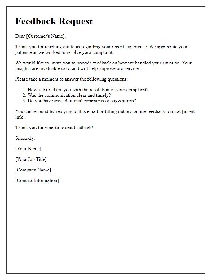 Letter template of feedback request on complaint resolution.