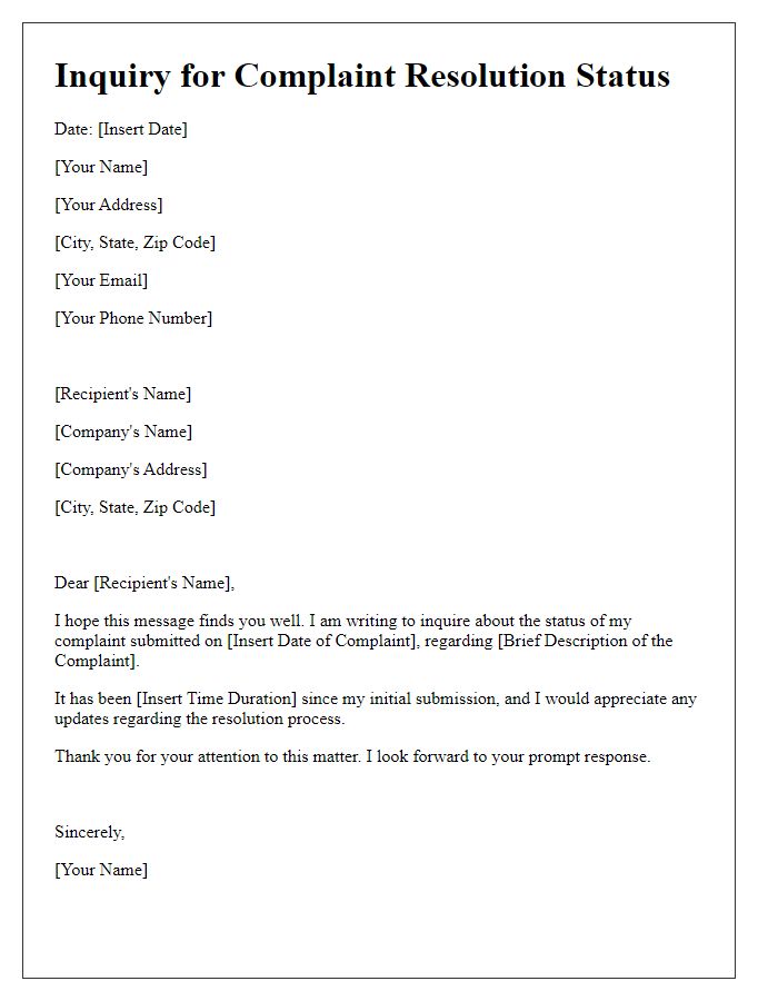 Letter template of inquiry for complaint resolution status.