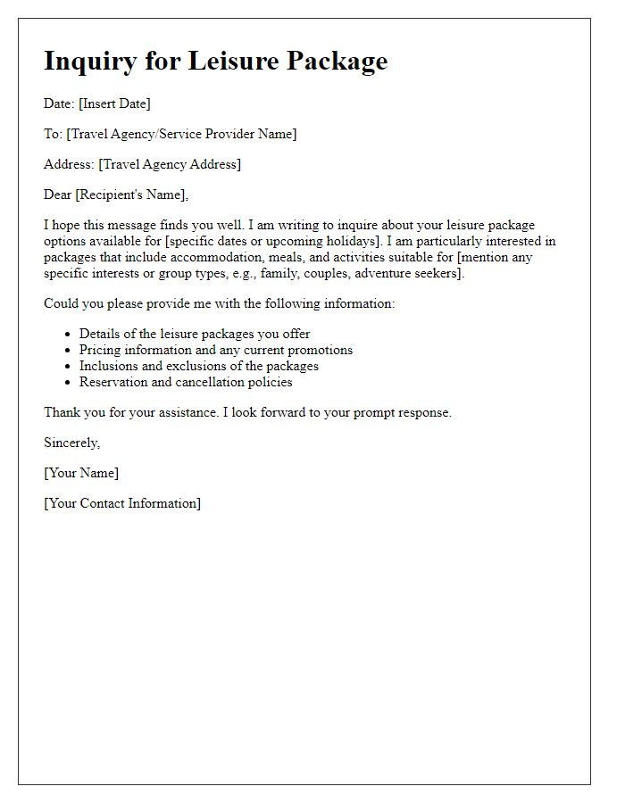 Letter template of leisure package inquiry