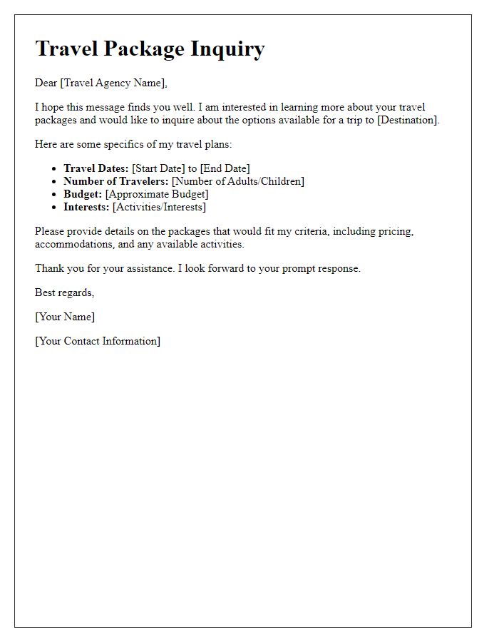 Letter template of travel package inquiry