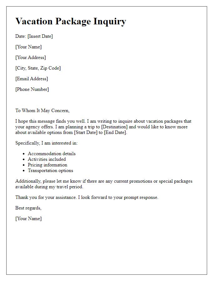 Letter template of vacation package inquiry