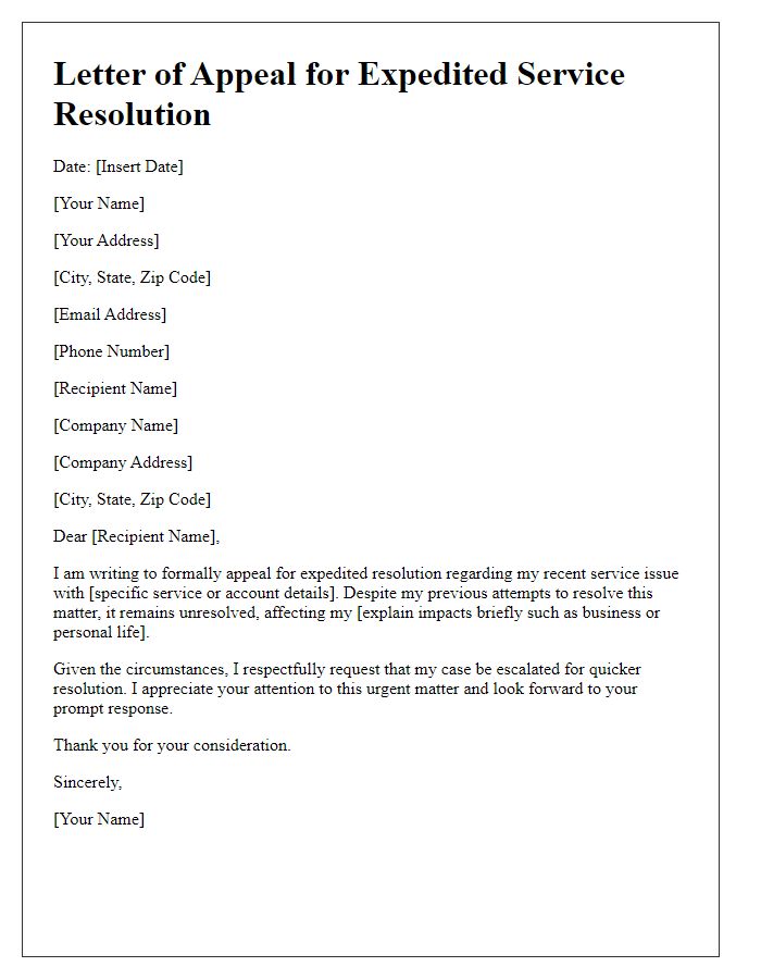 Letter template of appeal for expedited service resolution