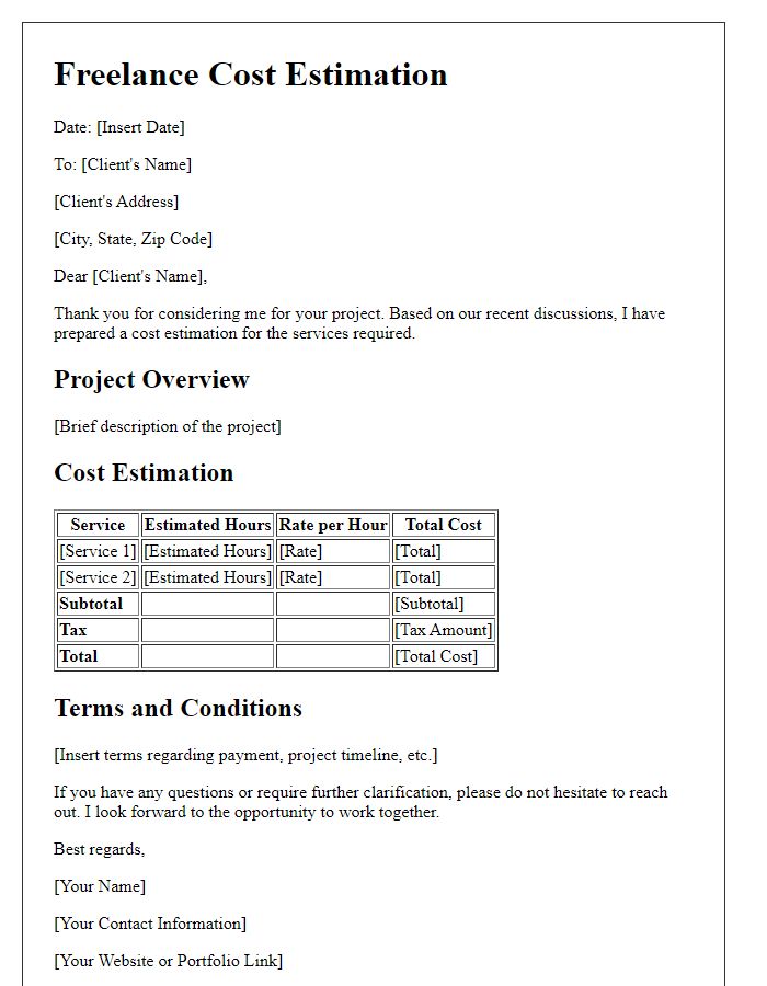 Letter template of freelance cost estimation