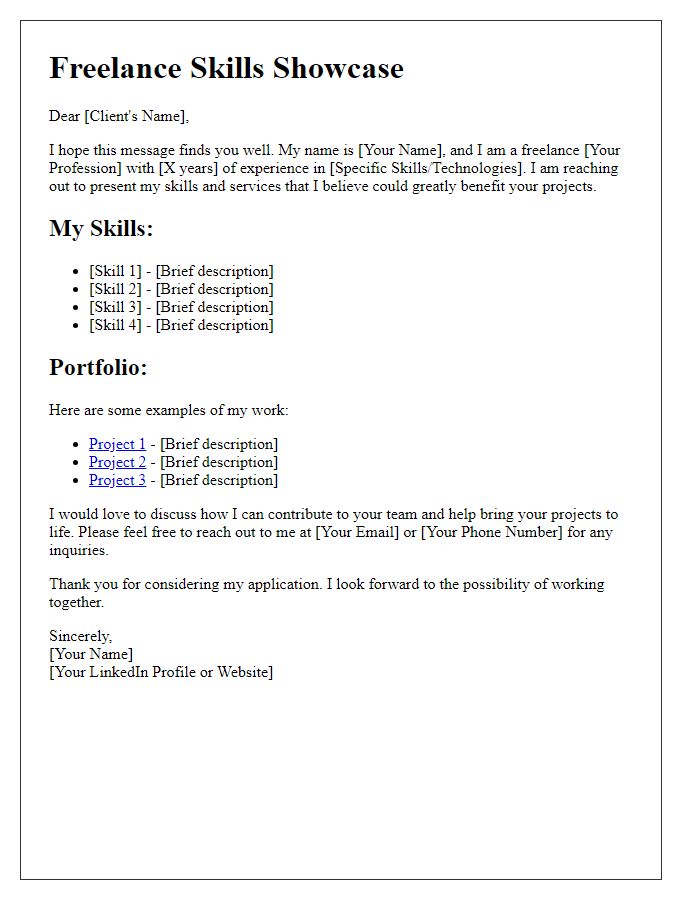 Letter template of freelance skills showcase