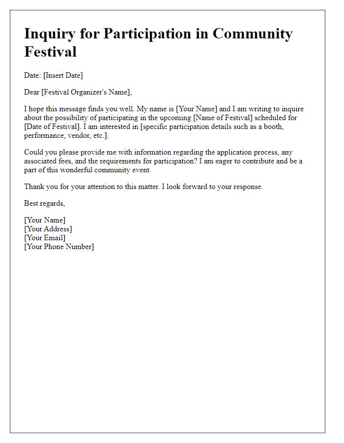 Letter template of inquiry for participation in a community festival.