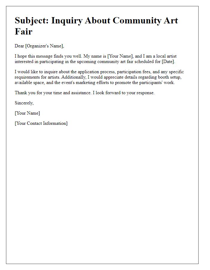 Letter template of inquiry regarding a community art fair.