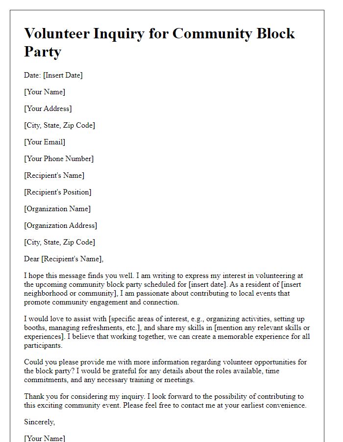 Letter template of inquiry for volunteering at a community block party.