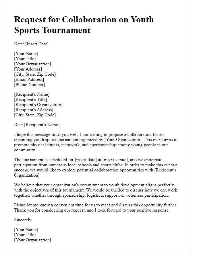 Letter template of request for collaboration on a youth sports tournament.