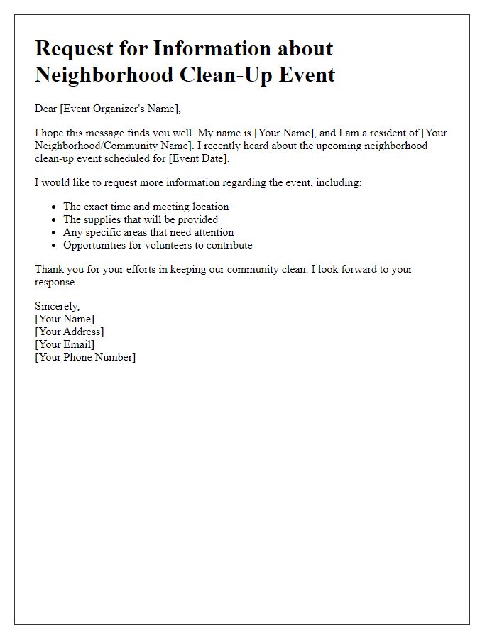 Letter template of request for information about a neighborhood clean-up event.