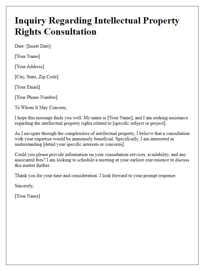 Letter template of intellectual property rights inquiry for consultation requests.