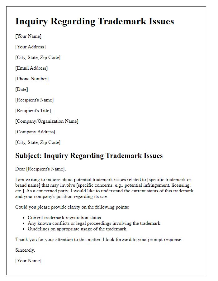 Letter template of intellectual property rights inquiry regarding trademark issues.