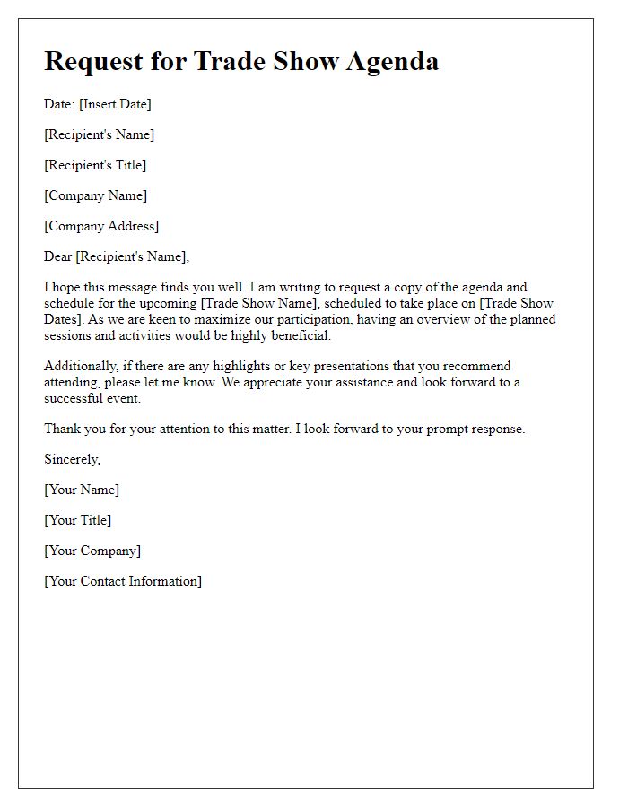 Letter template of request for trade show agenda and schedule