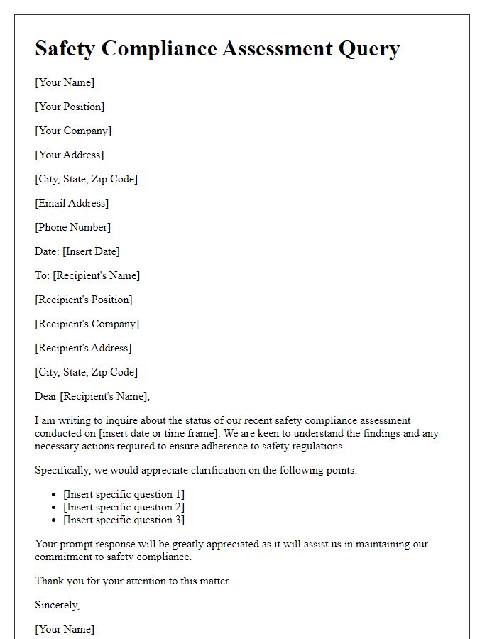 Letter template of safety compliance assessment query