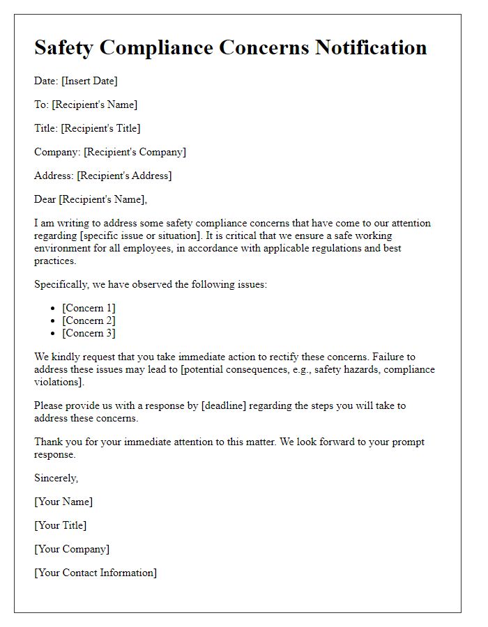 Letter template of safety compliance concerns address