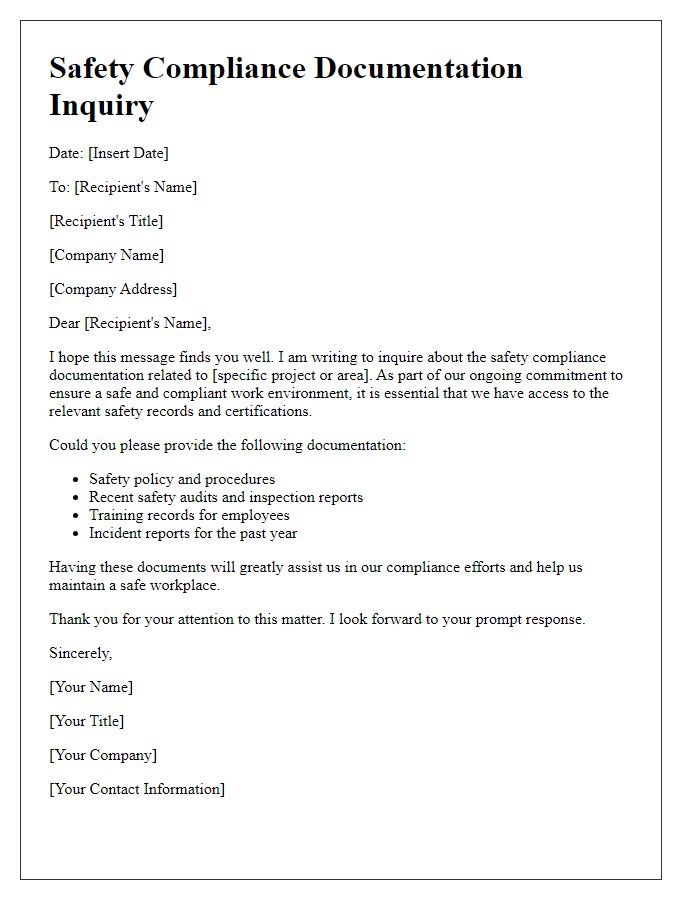 Letter template of safety compliance documentation inquiry