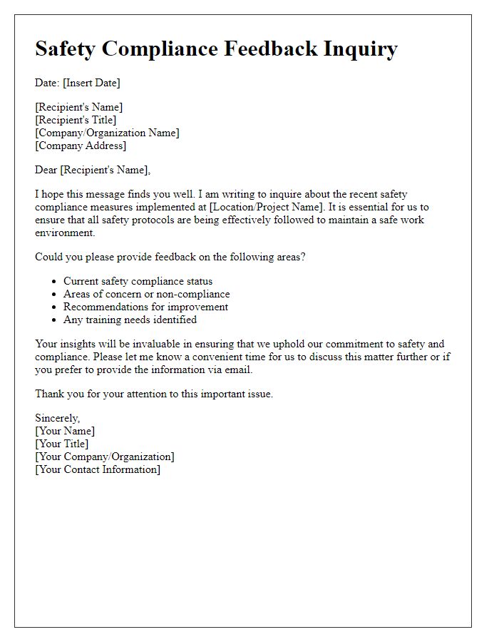 Letter template of safety compliance feedback inquiry