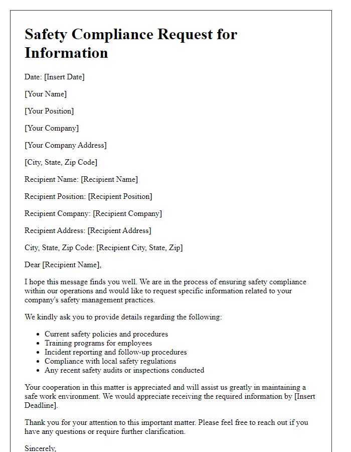 Letter template of safety compliance request for information