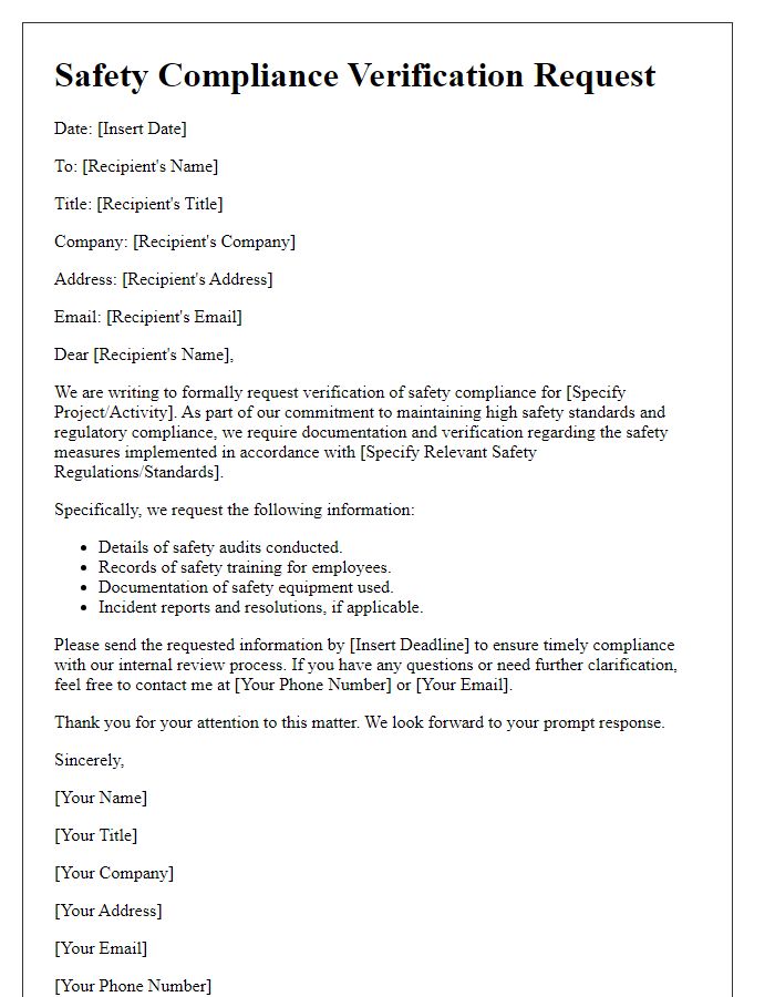 Letter template of safety compliance verification request