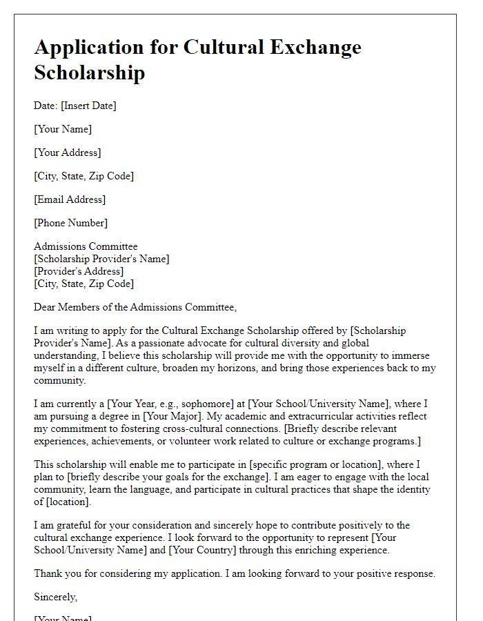 Letter template of application for a cultural exchange scholarship