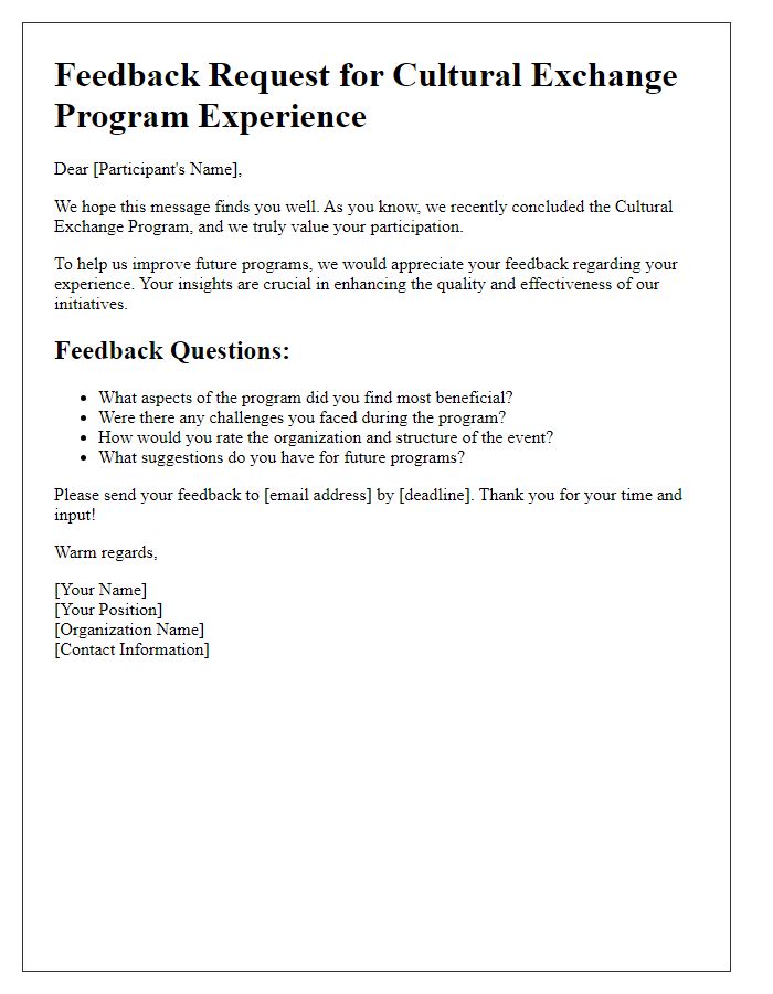 Letter template of feedback request for cultural exchange program experience