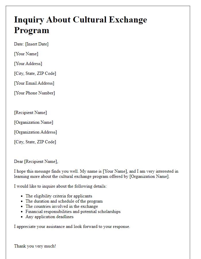 Letter template of inquiry for cultural exchange program details