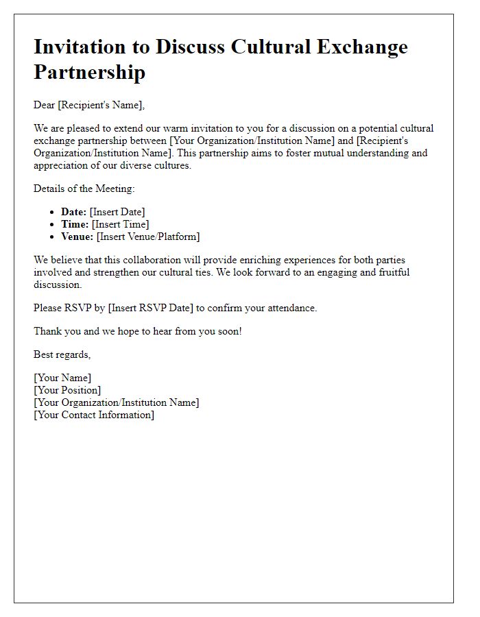 Letter template of invitation for cultural exchange partnership discussion