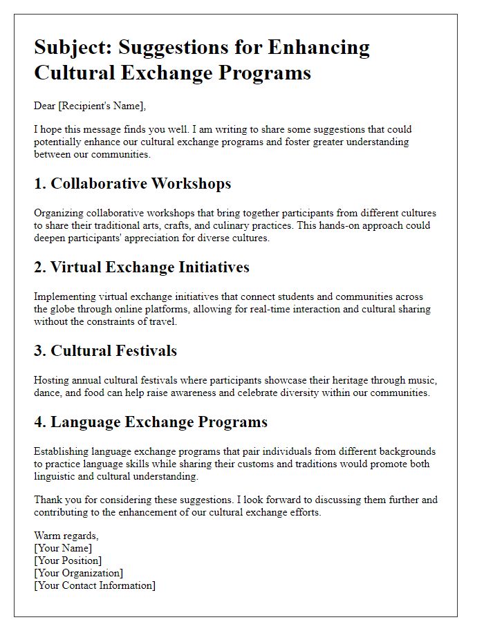 Letter template of suggestion for enhancing cultural exchange programs