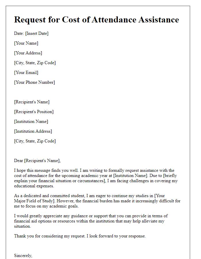 Letter template of cost of attendance assistance request