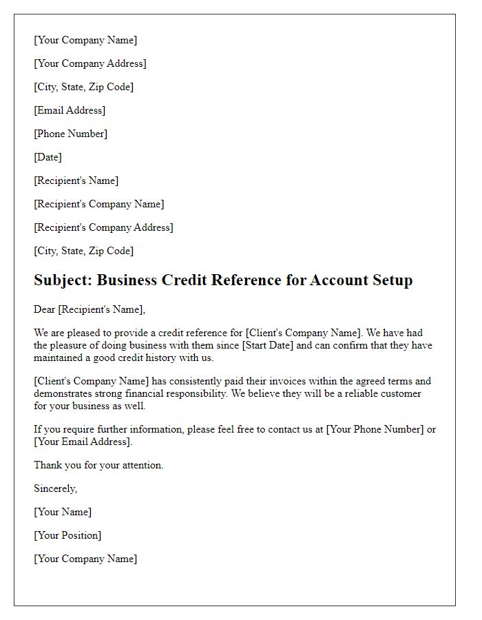 Letter template of business credit reference for account setup