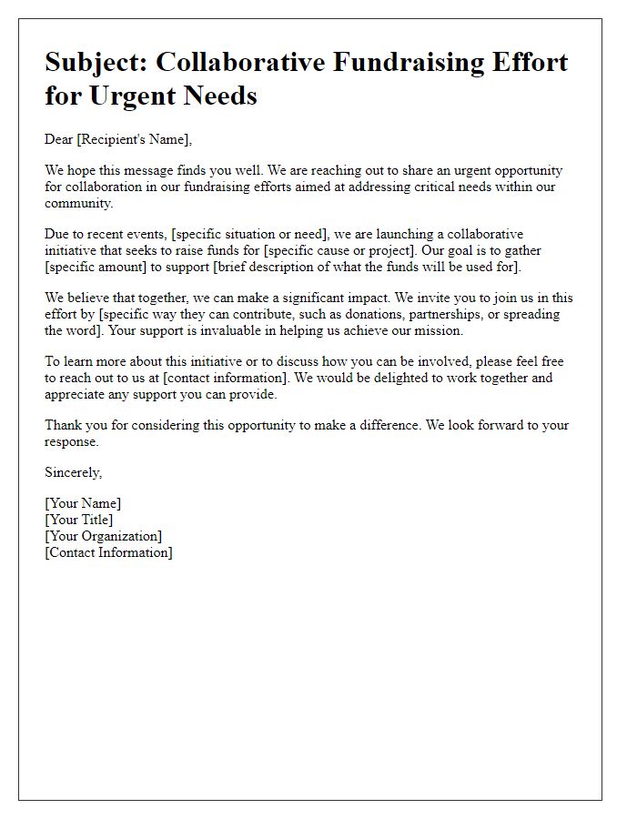 Letter template of collaborative fundraising effort for urgent needs