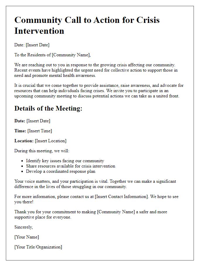 Letter template of community call to action for crisis intervention