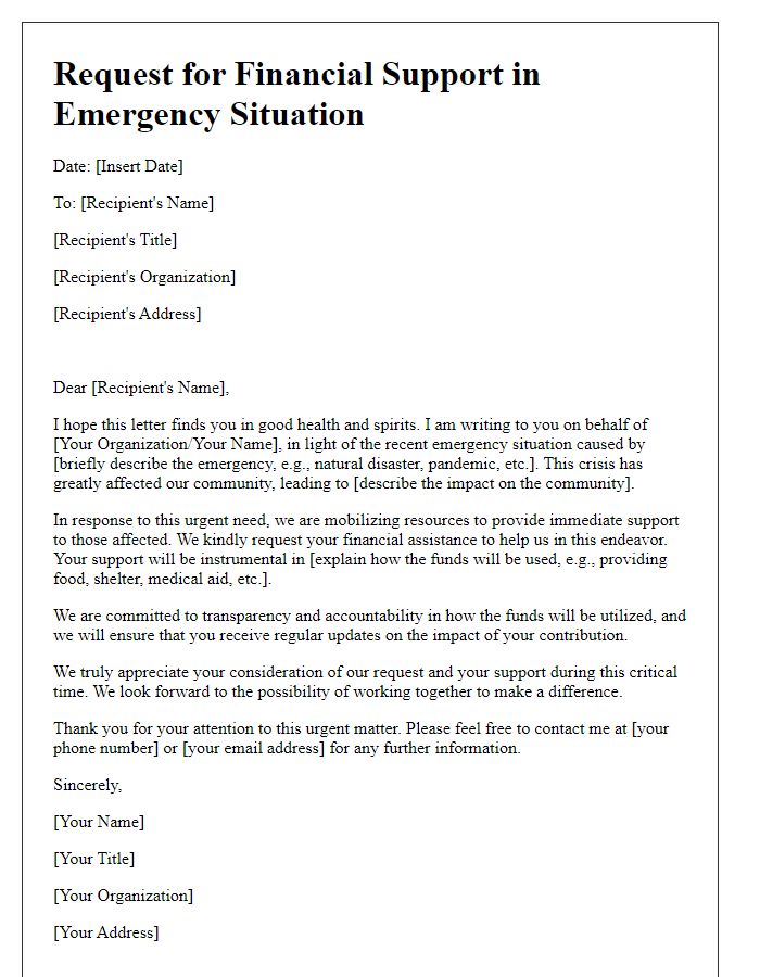 Letter template of mobilization for financial support in emergencies