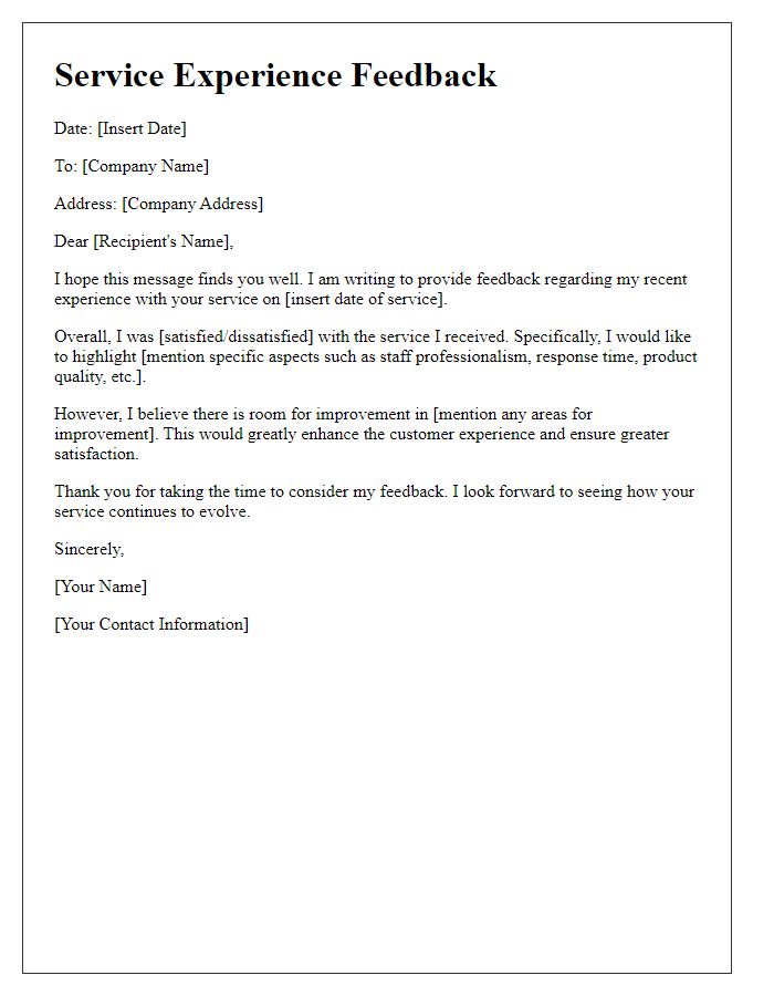 Letter template of service experience feedback