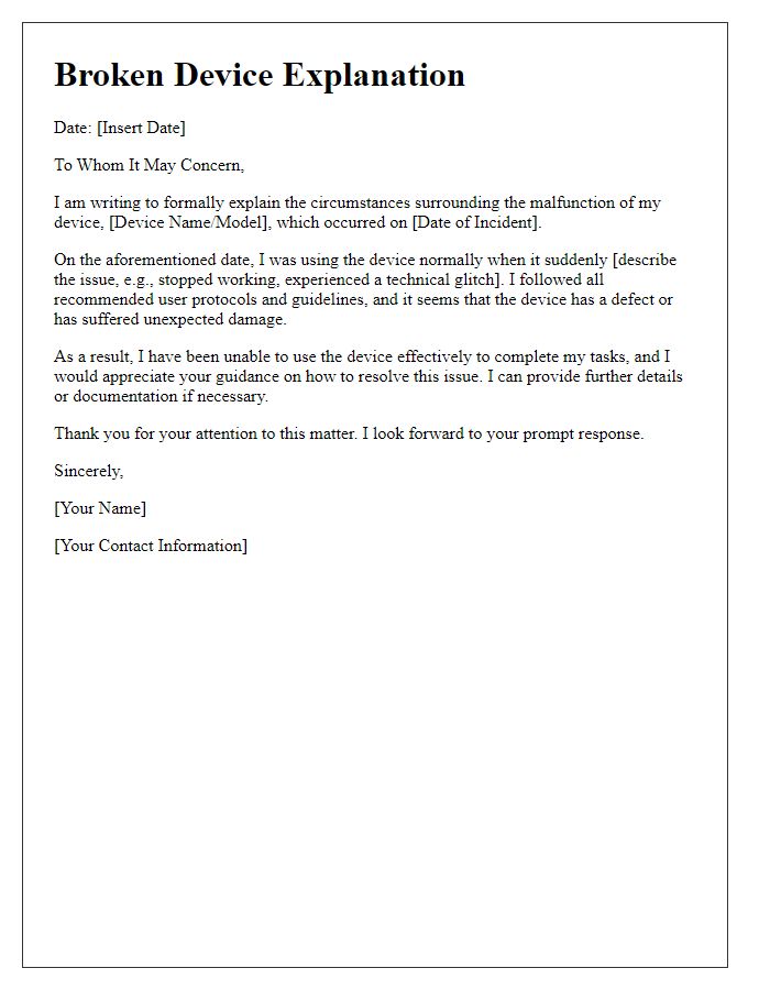 Letter template of broken device explanation